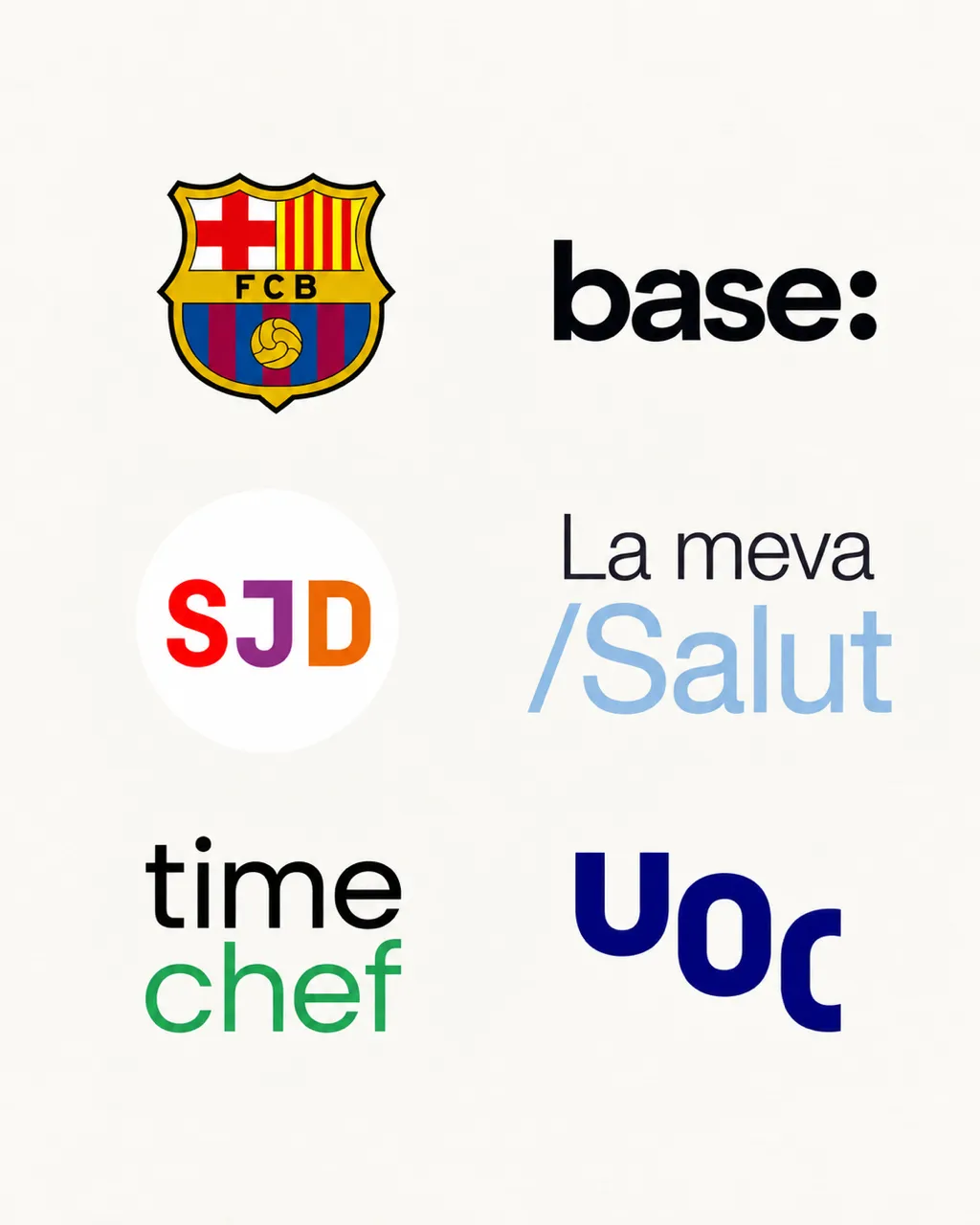 Logotipos de clientes: FC Barcelona, base:, Sant Joan de Déu, La meva Salut, Time Chef y UOC.