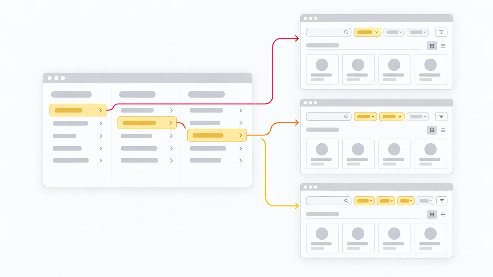 Diagrama del mega menú conectando cada categoría con un listado de programas ya prefiltrado