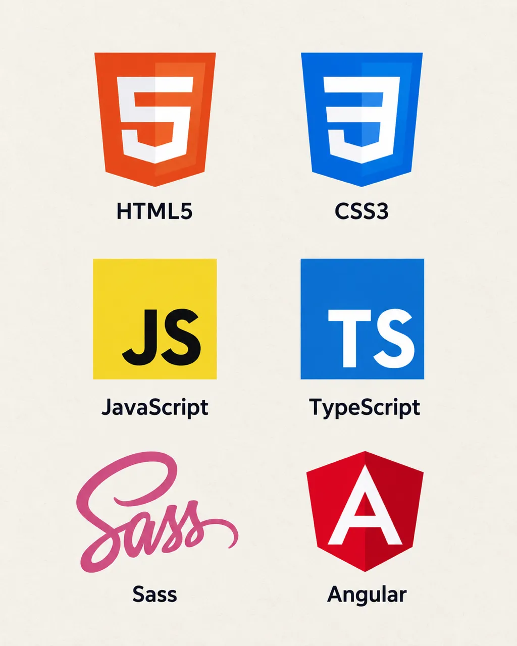 Logotipos de HTML5, CSS3, JavaScript, TypeScript, Sass y Angular.