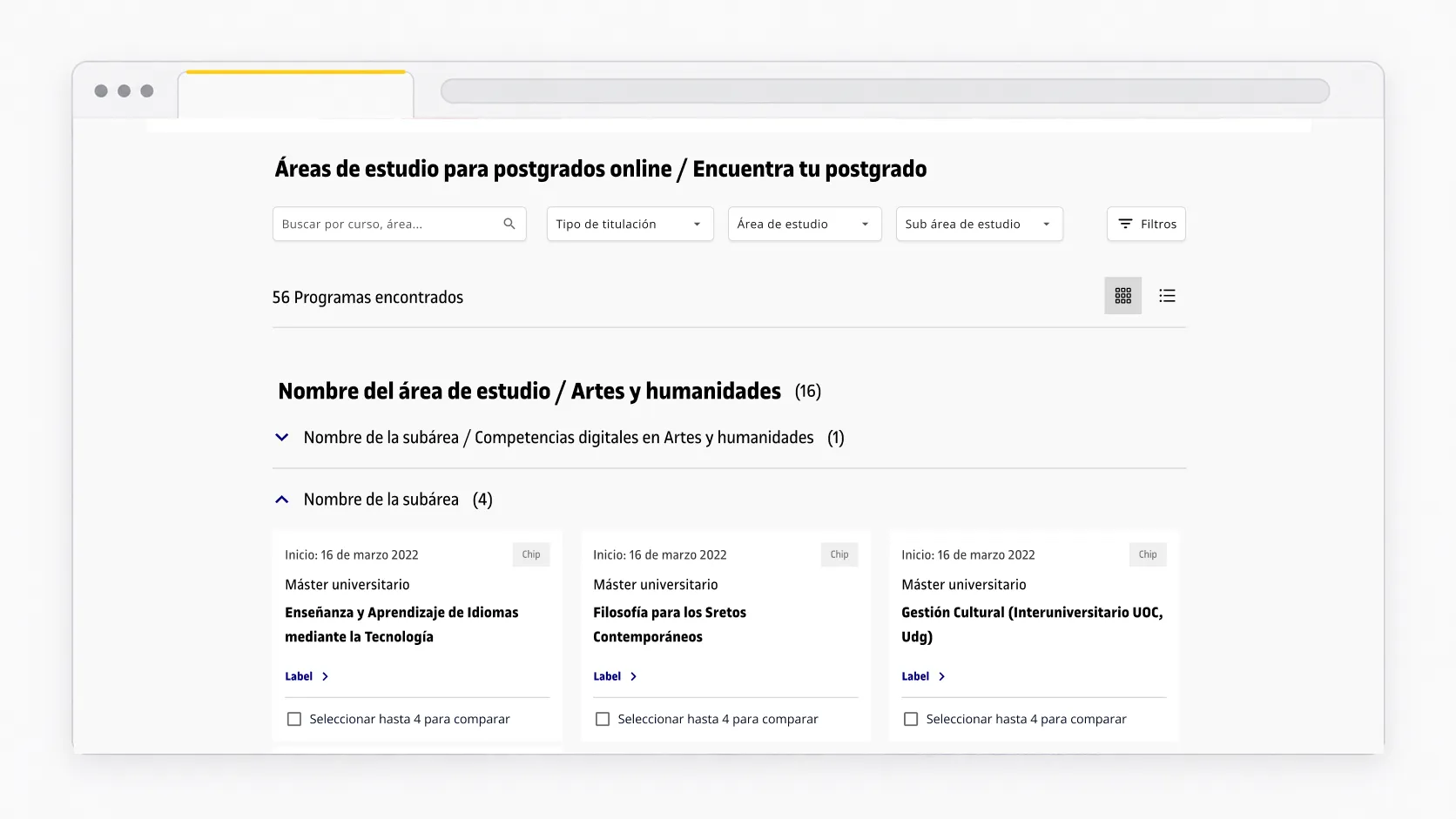 Página de listado con búsqueda y filtros