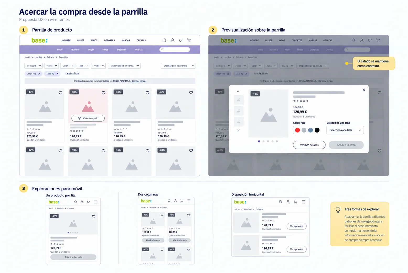 Propuesta UX de la parrilla con filtros, cards de producto y exploraciones móviles