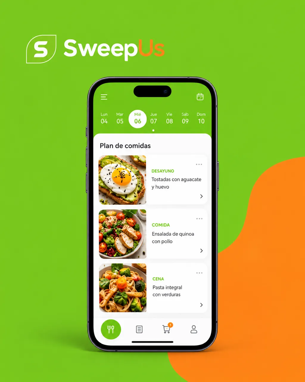 Maqueta de SweepUs en un móvil: una app con el plan semanal de comidas, con desayuno, comida y cena.