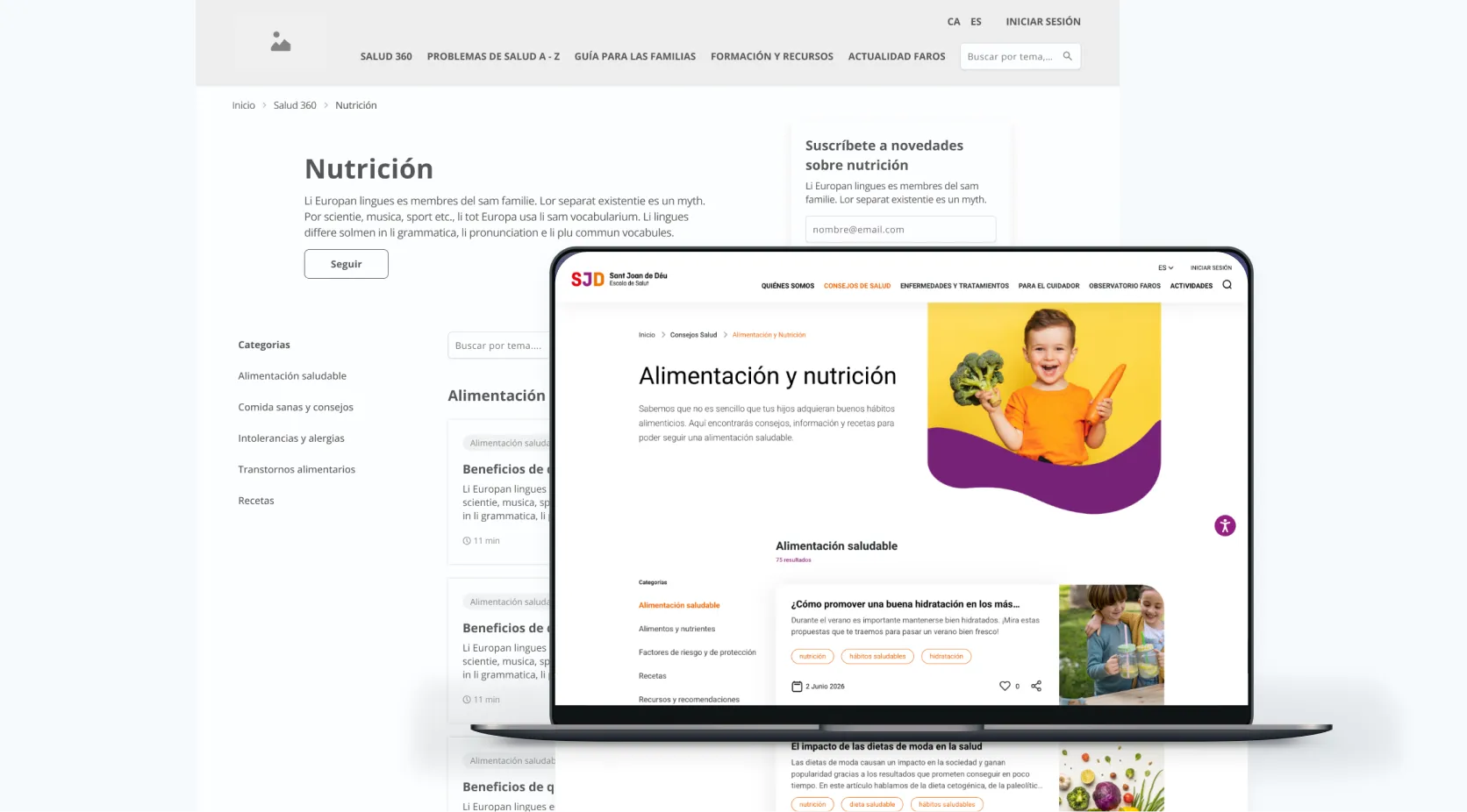 Página de alimentación y nutrición ya con el lenguaje visual definido por el equipo de UI