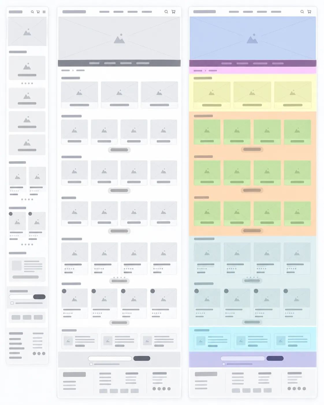 Wireframes de la landing de marca en mobile y escritorio, con las secciones señalizadas por color